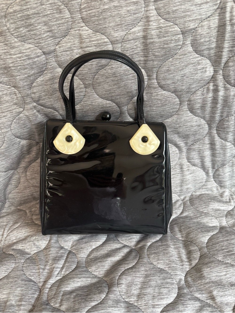 VINTAGE  HOLTZMAN Classic Black Patent Top-Handle Bag with Ivory Accents
